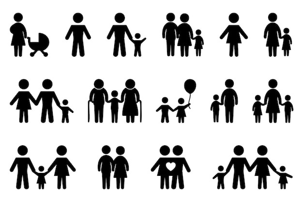 Iconos familiares en negro Iconos de padres con hijos Conjunto de símbolos familiares