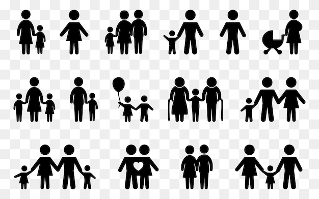 Iconos familiares en negro Iconos de padres con hijos Conjunto de símbolos familiares