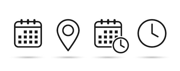Iconos de fecha, hora y ubicación o calendario de fecha, ubicación y hora establecidos