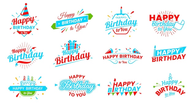 Iconos de feliz cumpleaños evento de aniversario fondo de caligrafía festiva día de nacimiento felicitación de fiesta signo escrito a mano o feliz cumpleaños saludo texto vector banner con velas de pastel fuegos artificiales