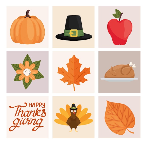 Iconos feliz día de gracias