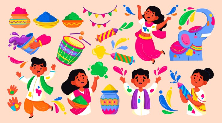 Vector iconos del festival de holi en diseño plano