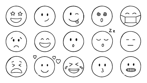 Iconos de fideos emoji conjunto de caras sonrientes tristes felices emoticones divertidos en estilo boceto ilustración de vector dibujado a mano aislado sobre fondo blanco