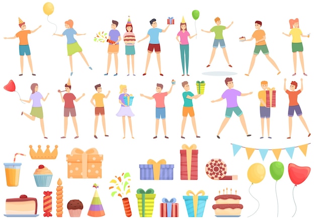 Iconos de fiesta para niños establecer vector de dibujos animados. cumpleaños de niños. fiesta de los niños de la escuela