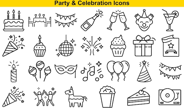 Iconos de fiestas y celebraciones pastel champán confeti regalo música globos
