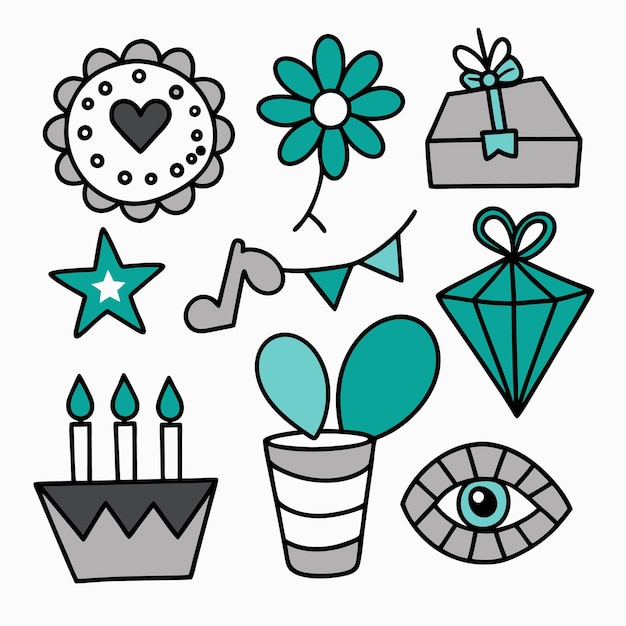 Iconos de fiestas de cumpleaños dibujados a mano para la celebración