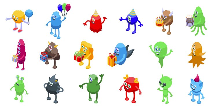 Vector iconos de fiestas de cumpleaños de monstruos conjunto de vectores isométricos regalo de globo