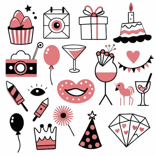 Iconos de fiestas pintados a mano en rosa y negro
