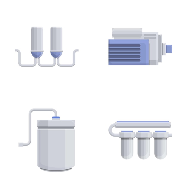 Iconos de filtro de agua conjunto de vector de dibujos animados Sistema de purificación y filtración de agua