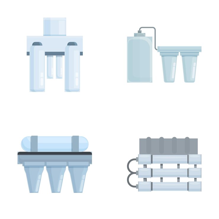 Iconos de filtro conjunto vector de dibujos animados Purificación y filtración de agua potable