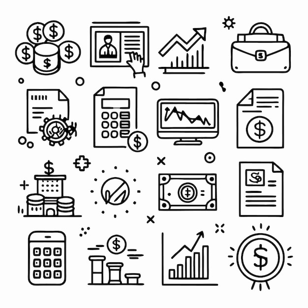 Iconos financieros dibujados a mano en blanco y negro