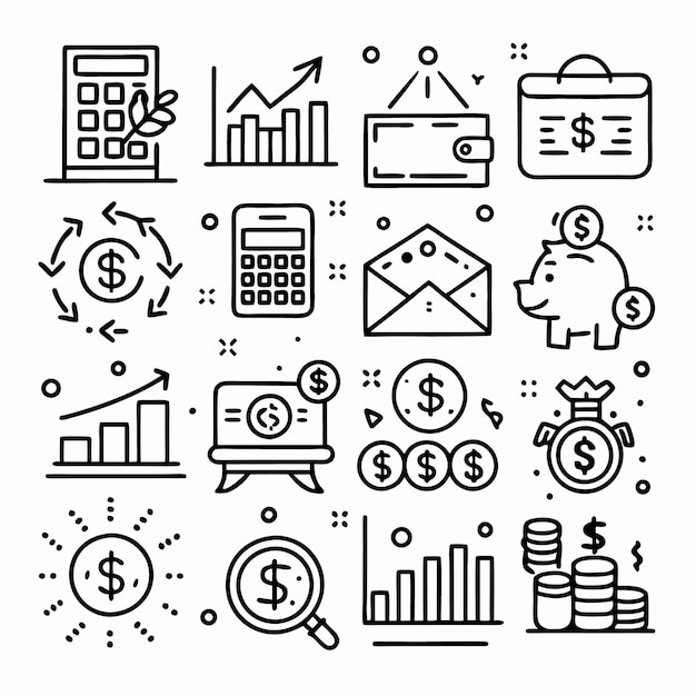 Iconos financieros dibujados a mano que muestran ganancias, finanzas, ahorros y dinero