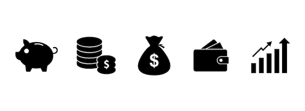 Iconos financieros Piggy Bank Monedas Bolsa de dinero Billetera y gráfico de crecimiento