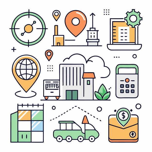 Iconos de finanzas empresariales y ubicaciones en un formato de cuadrícula