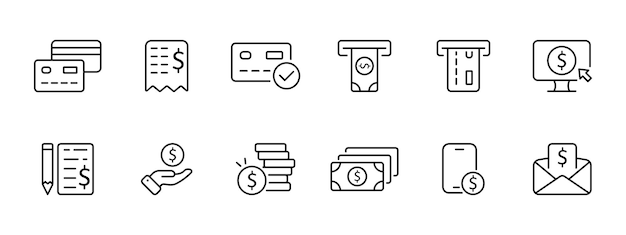 Iconos de finanzas establecidos Cuenta de tarjeta de crédito confirmada Dinero de carta de crédito en un cajero automático Pago con tarjeta Compras en línea Firma papeles importantes Inversiones ganancias desde el teléfono Icones de línea vectorial