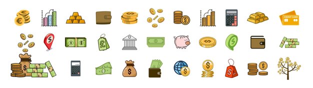 Iconos de finanzas Iconos de negocios signos de dinero Iconos web de negocios y finanzas en estilo de línea Euro y dólar Cambio de billetera de efectivo Tarjeta de crédito bancaria