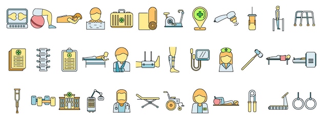 Los iconos de fisioterapeutas establecen una línea de color vectorial
