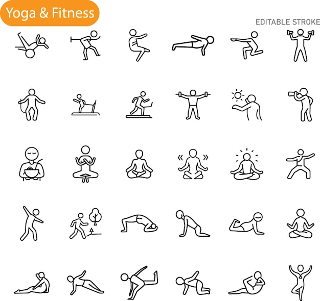 Los íconos del fitness, el yoga, las posturas, los ejercicios, el bienestar, el estilo de vida, la salud.