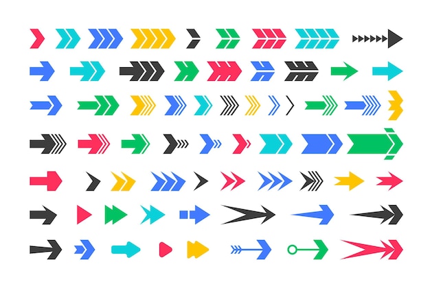 Iconos de flecha direccional vectorial y diseño de conjunto de señalización con diferentes colores y formas