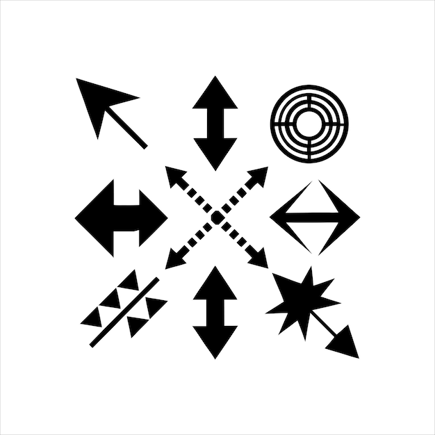 Iconos de flecha negra en negrita con diseños curvos y circulares para navegación y diseño gráfico
