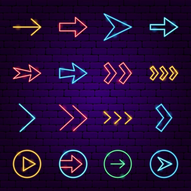 Iconos de flecha de neón. ilustración de vector de promoción de dirección.