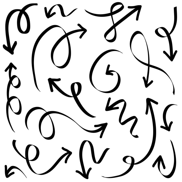 Vector iconos de flechas dibujadas a mano establecer icono de flecha con varias direcciones doodle ilustración vectorial aislado en un fondo blanco