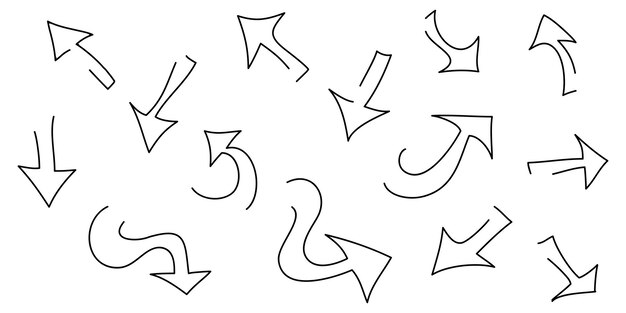 Iconos de flechas dibujadas a mano Establecer icono de flecha con varias direcciones Doodle ilustración vectorial