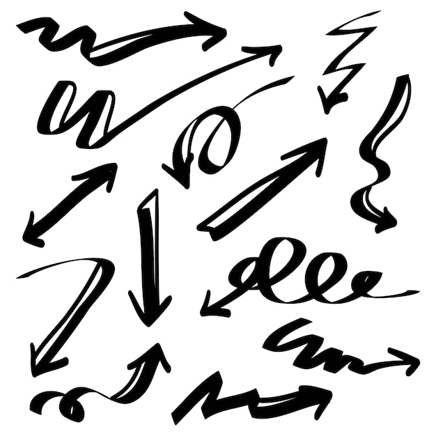 Iconos de flechas dibujadas a mano Establecer icono de flecha con varias direcciones Elemento de diseño de garabato de ilustración vectorial aislado en un fondo blanco