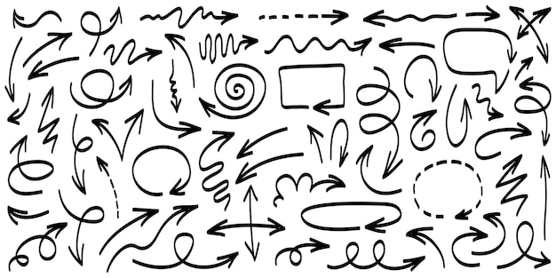 Iconos de flechas dibujadas a mano Establecer icono de flecha con varias direcciones Ilustración de vector de Doodle aislado en un fondo blanco