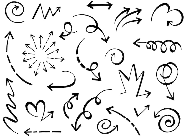 Iconos de flechas dibujadas a mano Establecer icono de flecha con varias direcciones Ilustración de vector de Doodle aislado en un fondo blanco
