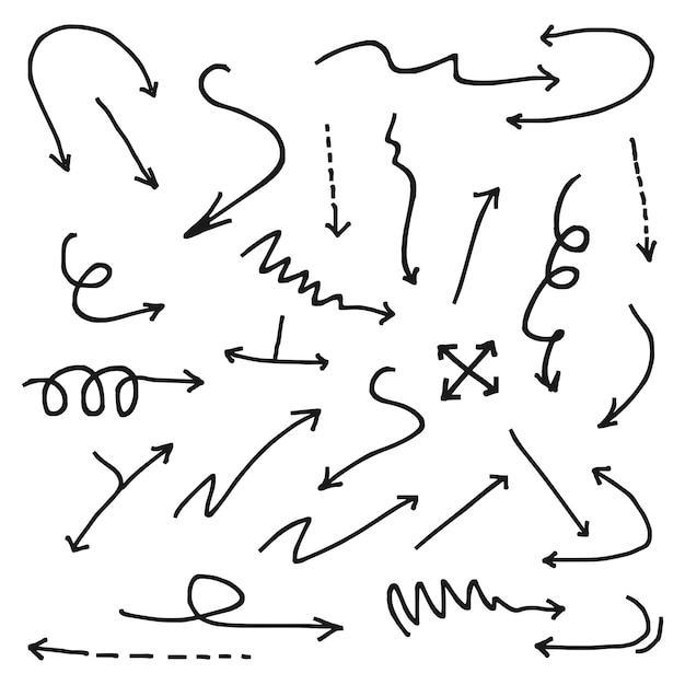 Iconos de flechas dibujadas a mano Establecer icono de flecha con varias direcciones Ilustración de vector de Doodle aislado en un fondo blanco