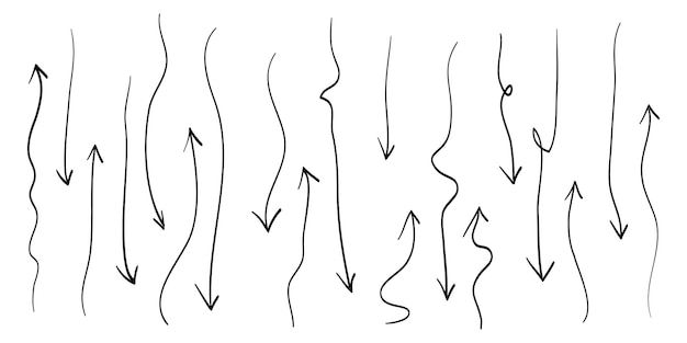 Iconos de flechas dibujados a mano Establezca el icono de flecha con direcciones arriba y abajo Ilustración vectorial de Doodle aislada en un fondo blanco