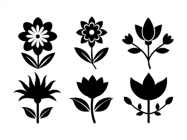 Iconos florales con silueta vectorial en un fondo blanco