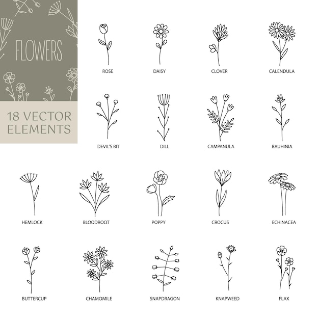 Vector iconos de flores conjunto de iconos de flores estilo de arte de línea