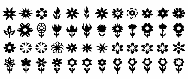 Iconos de flores simples en siluetas negras SVG con formas florales minimalistas en un fondo blanco