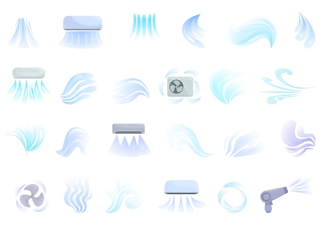Iconos de flujo de aire frío conjunto de vector de dibujos animados Efecto del aire del viento Velocidad de la ola de la brisa