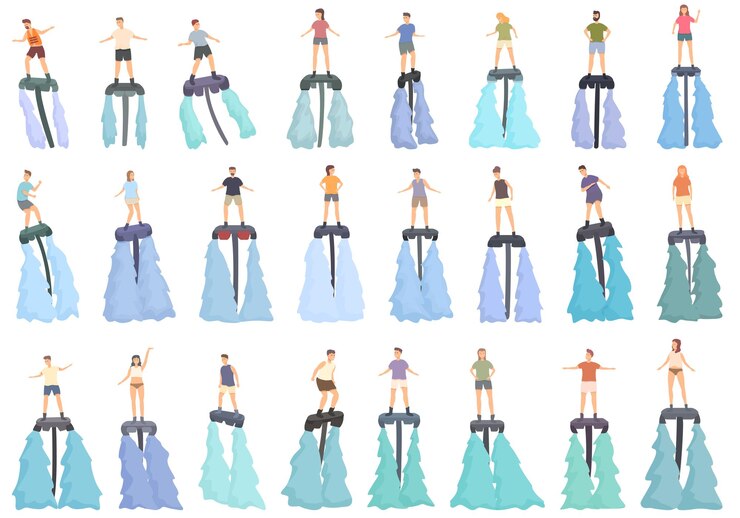 Vector los iconos de flyboard establecen la actividad de aventura del vector de dibujos animados