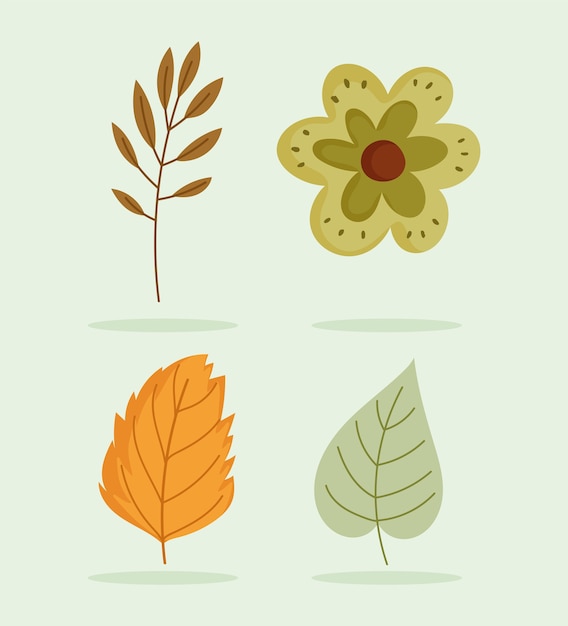 Iconos de follaje de ramas y hojas de flores de otoño