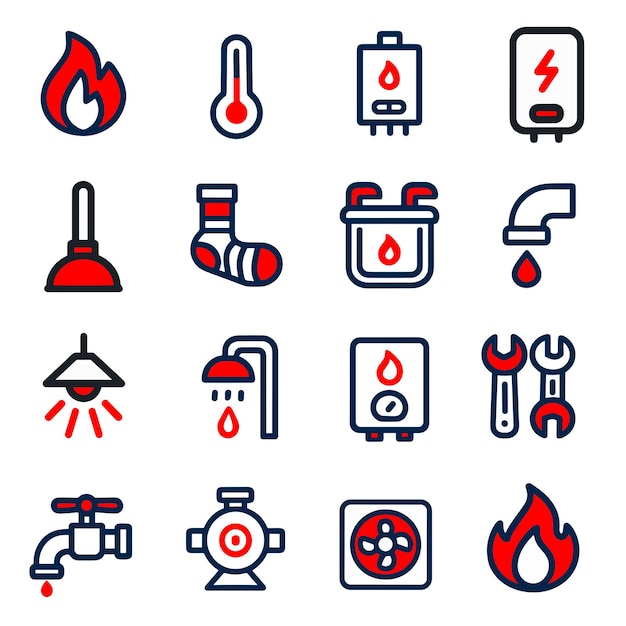Iconos de fontanería y calefacción Un conjunto completo de iconos de línea roja y azul para servicios domésticos