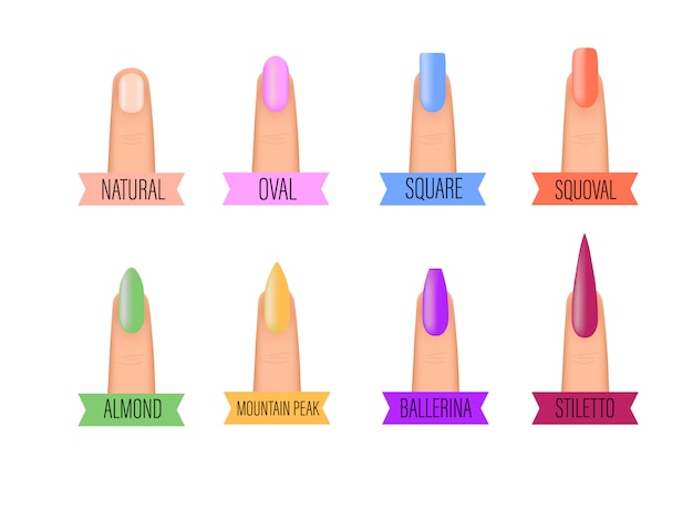 Iconos de forma de uñas. Tipos de formas de uñas de moda. Ilustración de moda de uñas.