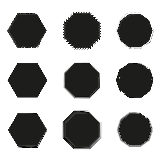 Iconos de formas geométricas Formas hexágonas y octógonas Bordeas ásperas y lisas Siluetas negras vectoriales