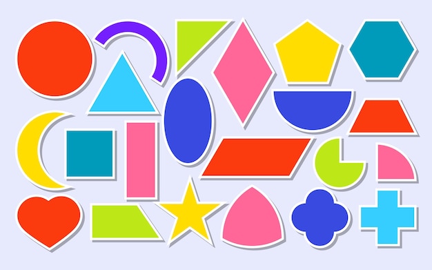 Los iconos de formas geométricas de papel de colores establecen formas matemáticas básicas como círculo cuadrado triángulo ovalado sta ...