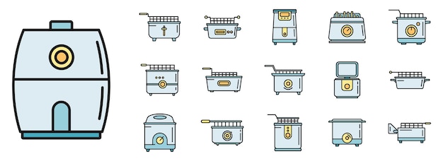 Los iconos de la freidora de cocina establecen la línea de color vectorial