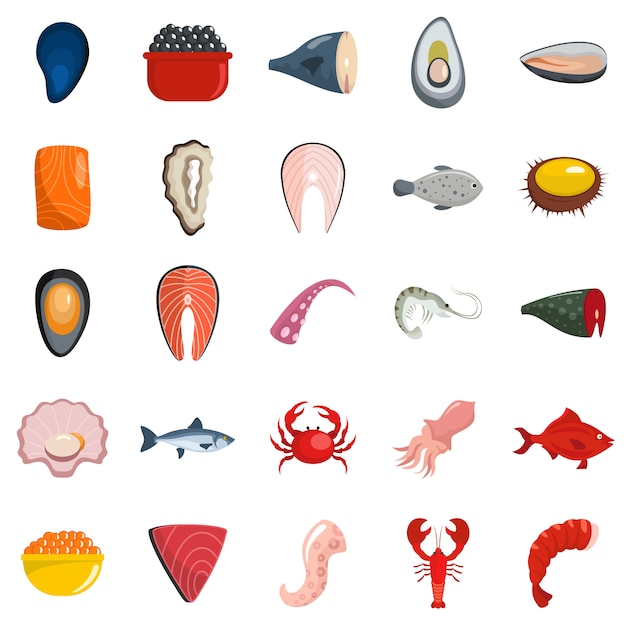 Los iconos frescos de la comida de pescados de los mariscos fijaron el vector aislado