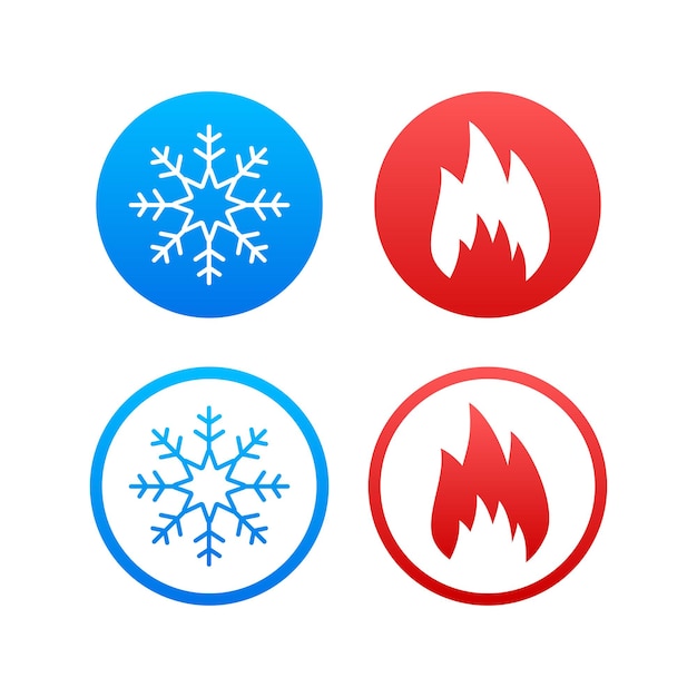 Vector los iconos de frío y calor establecen una ilustración vectorial de los símbolos de copos de nieve y fuego en clima azul y rojo