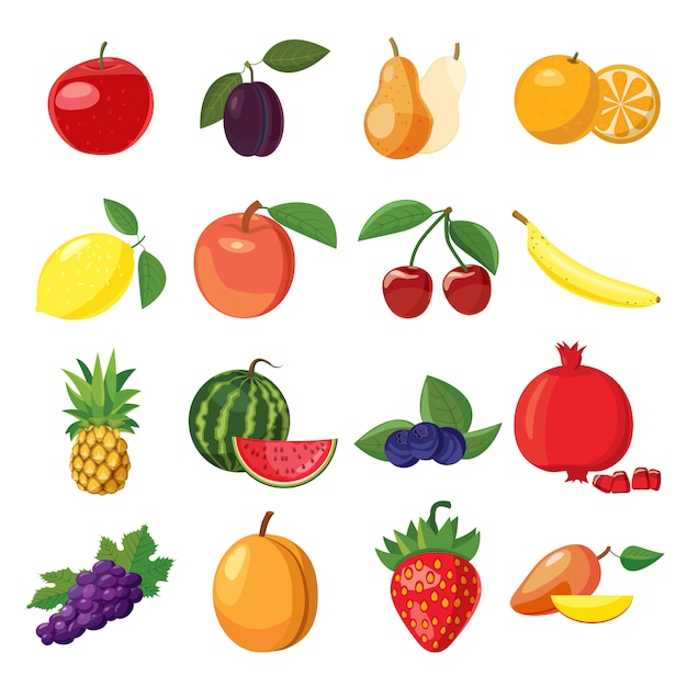 Iconos de frutas en estilo de dibujos animados sobre un fondo blanco