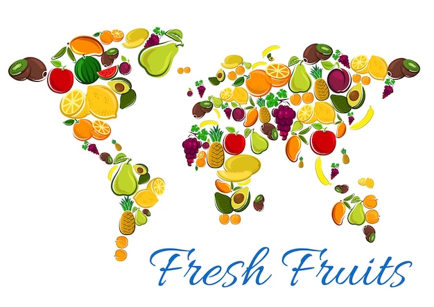 Vector iconos de frutas frescas en forma de mapa mundial