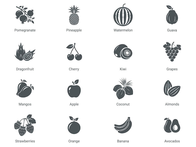 Iconos de frutas y nueces en blanco y negro aislados en ilustración vectorial de pizarra blanca
