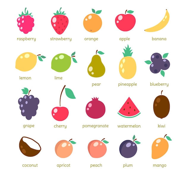 Iconos de frutas simples, conjunto de ilustraciones