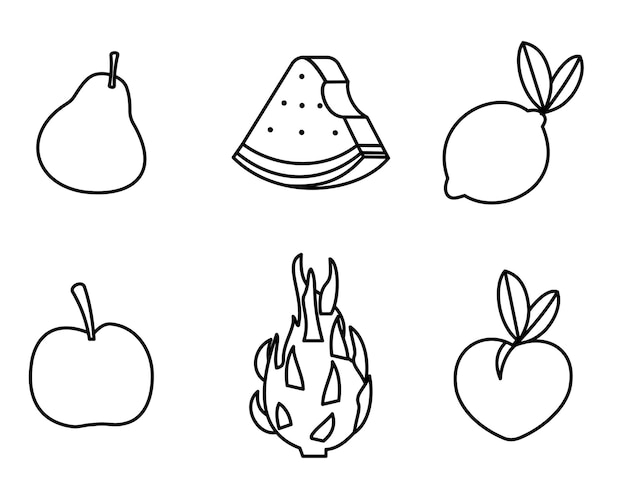 Vector iconos de frutas vector de dibujos animados en el conjunto de estilo de línea